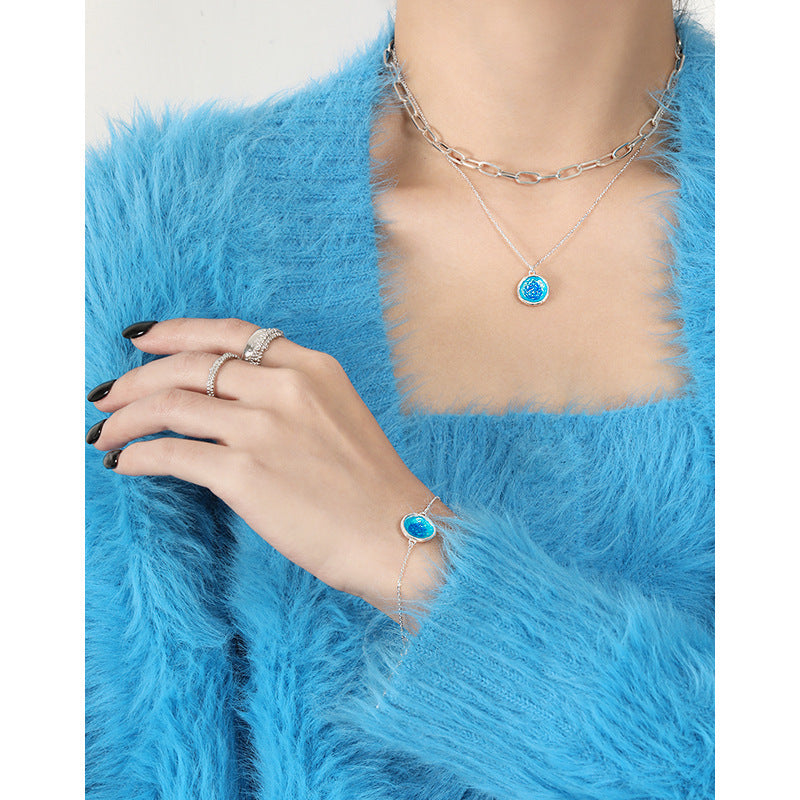 Ocean Series Blue Enamel Irregular Round 925 Sterling Silver Pendant Necklace