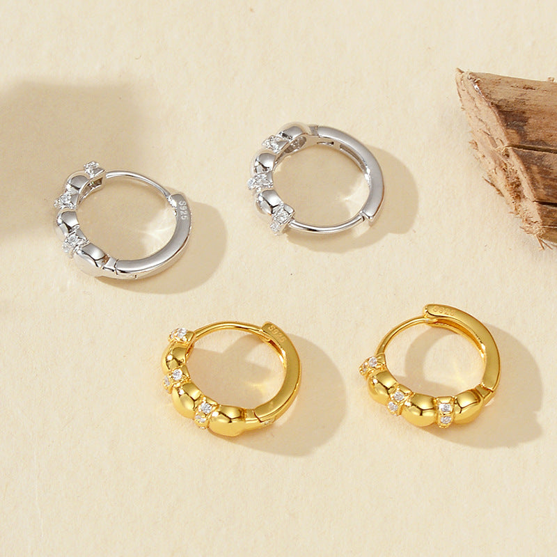 Geometric Oval Bead Spaced Cubic Zirconia 18K Gold Rhodium 925 Sterling Silver Hoop Huggie Earrings