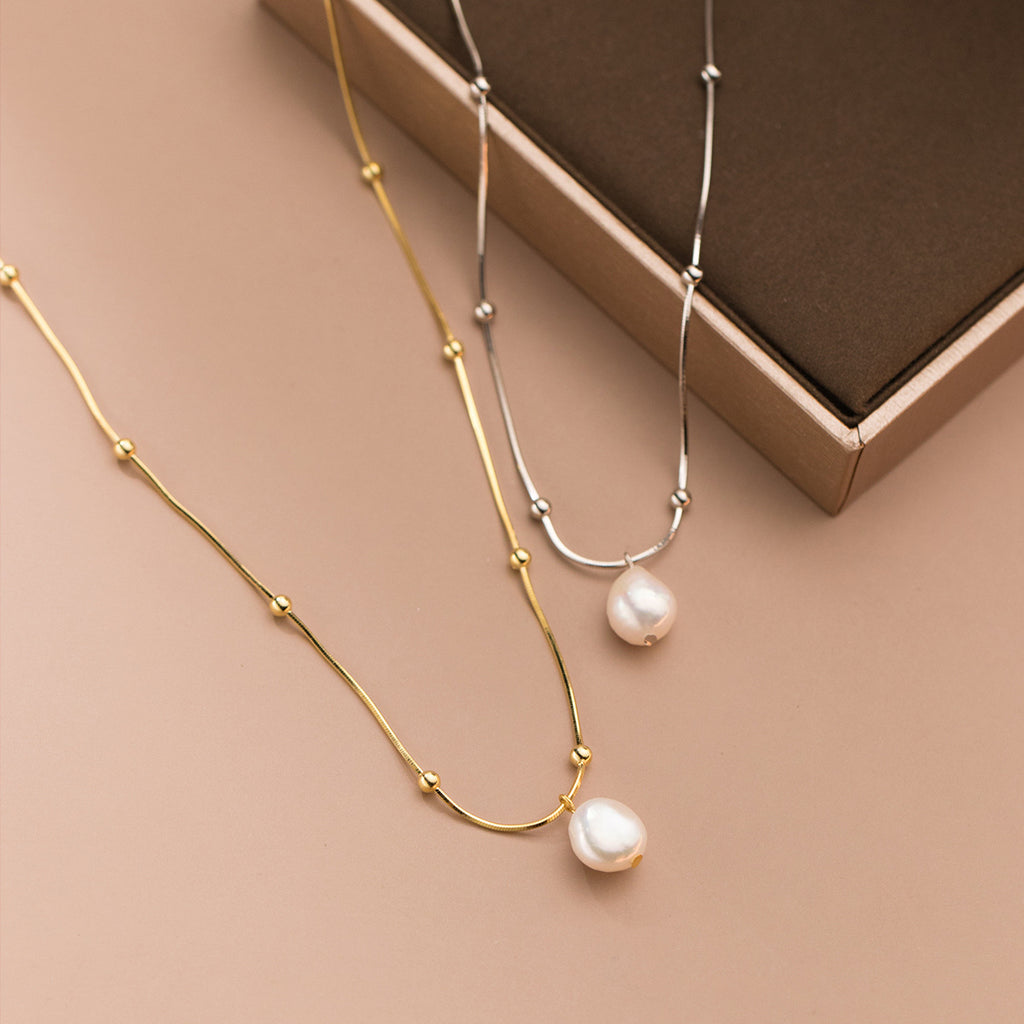 Baroque Pearl Minimalist Beaded  S925 Sterling Silver Snake Chain Pearl Pendant Necklace