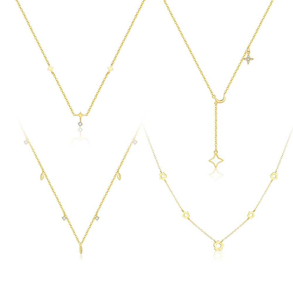 Girl CZ Geometry Hollow Star Flower Leaves 925 Sterling Silver Necklace