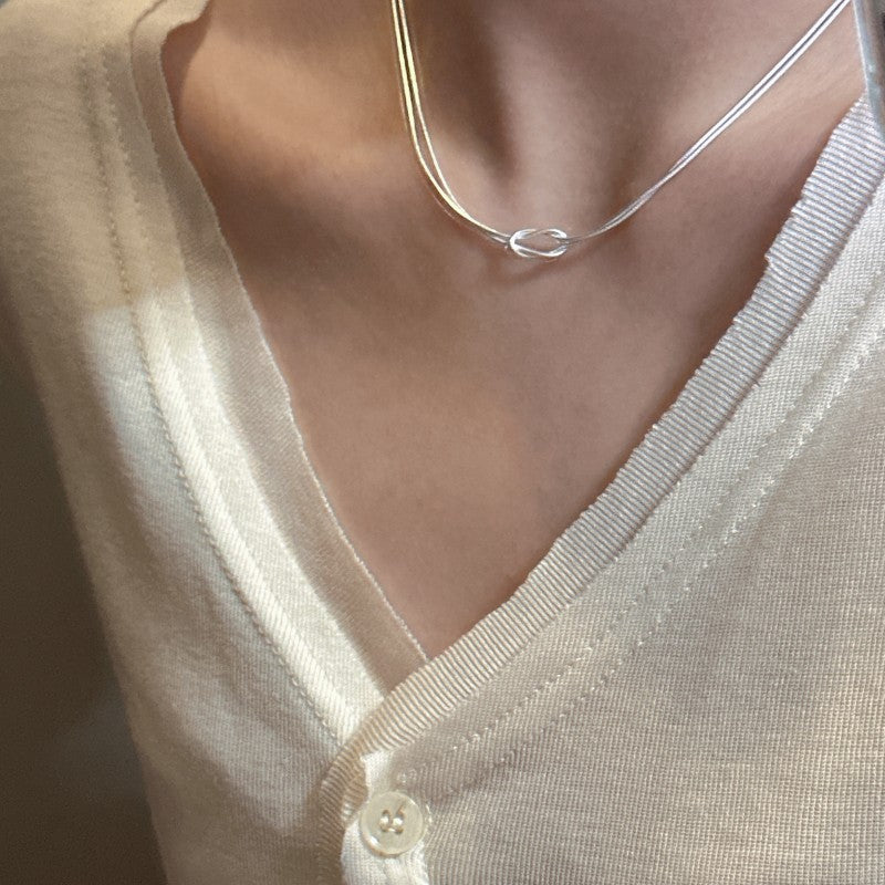 Women Minimalism Double Layers Knot 925 Sterling Silver Snake Chain Necklace