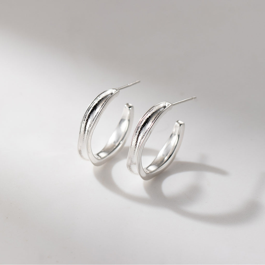 Silver Concave Geometric C S925 Sterling Silver Shape Hoop Earrings