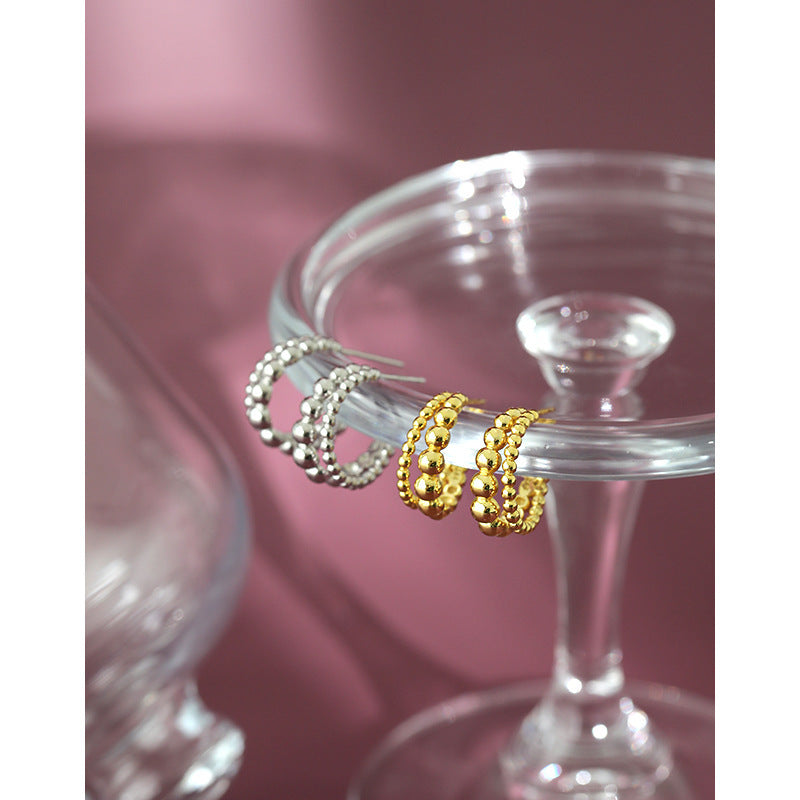 Elegant Double Row Beaded  18K Gold Plating 925 Sterling Silver Hoop Earrings