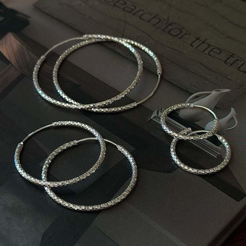 Geometric Textured  Sparkling Diamond Cut Circle Design  925 Sterling Silver  Hoop Earrings