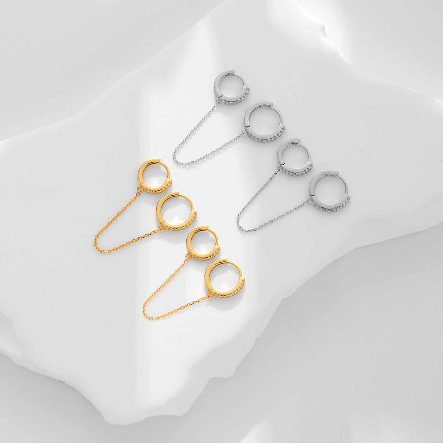 Elegant Double CZ Chain Holes 925 Sterling Silver Hoop Earrings