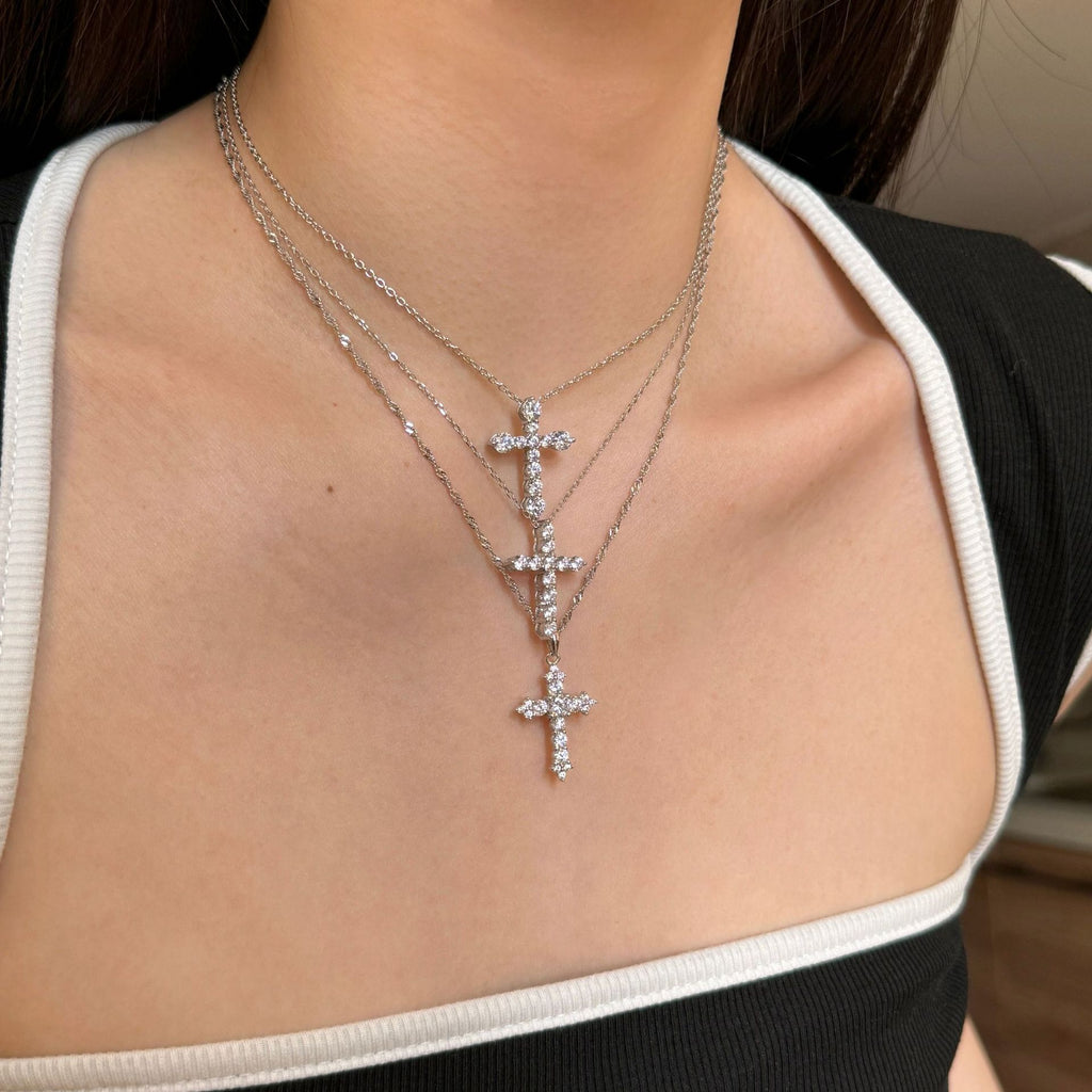 Modern 8A Cubic Zirconia Cross Heart 925 Sterling Silver Necklace