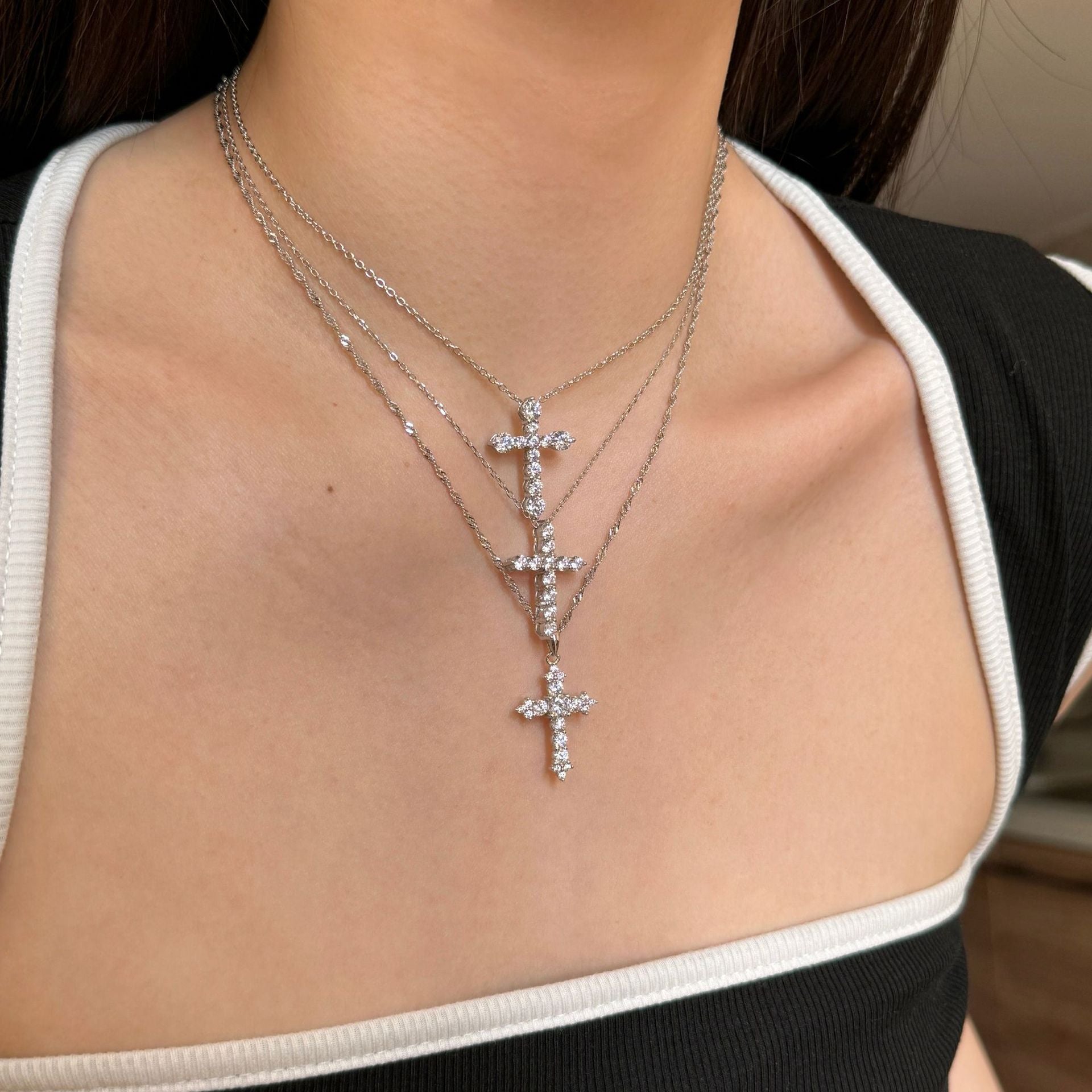 Modern 8A Cubic Zirconia Cross Heart 925 Sterling Silver Necklace