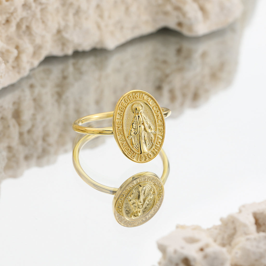Religious Madonna Portrait Oval Medallion 925 Sterling Silver Vintage Open Band Adjustable Ring