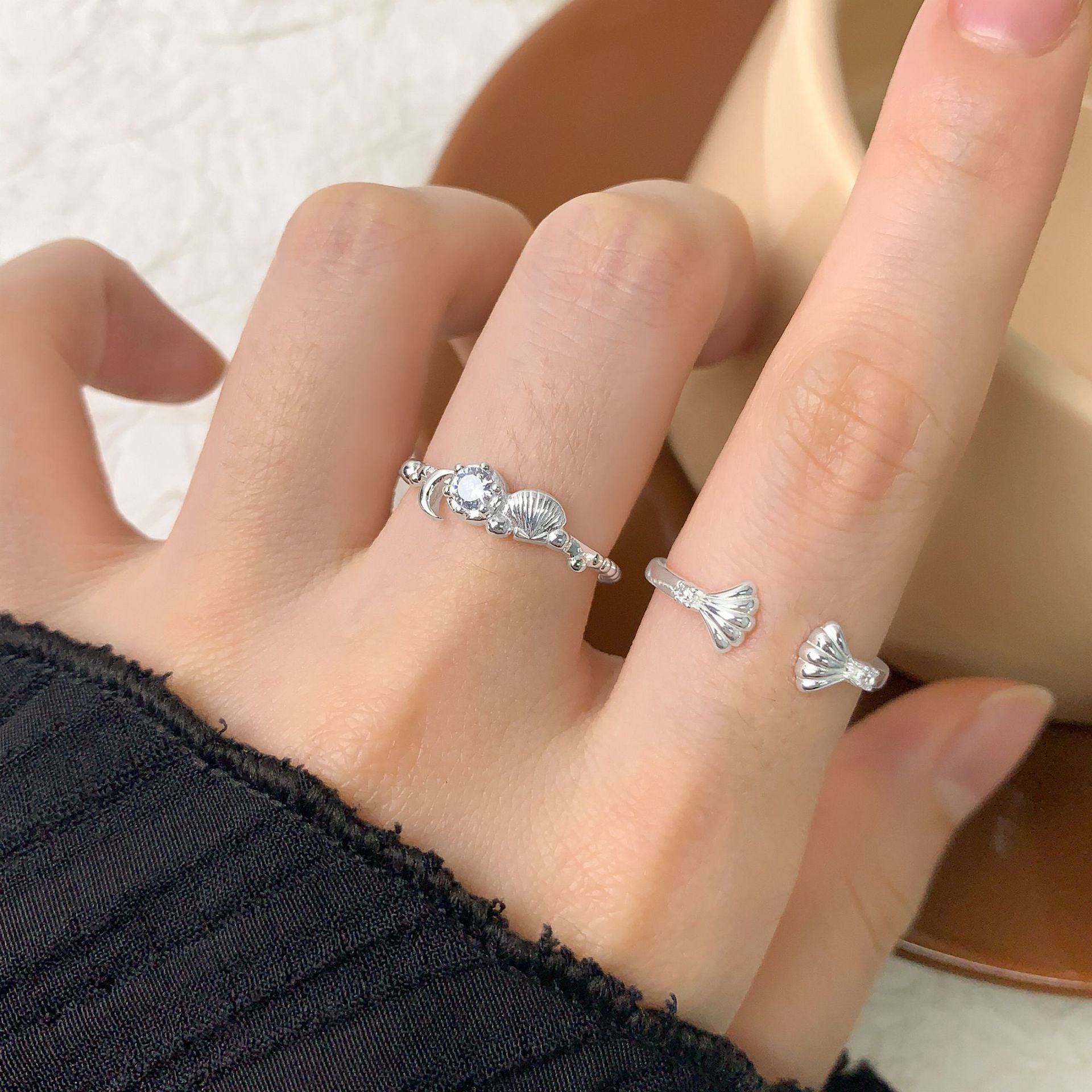 Party Simple Double Shell 925 Sterling Silver Adjustable Ring