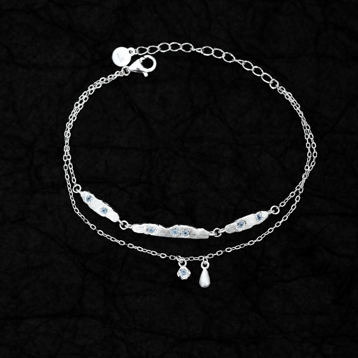 Cubic Zirconia Double Layer Teardrop Pendant with 925 Sterling Silver Brushed Texture Irregular Bar Link Bracelet