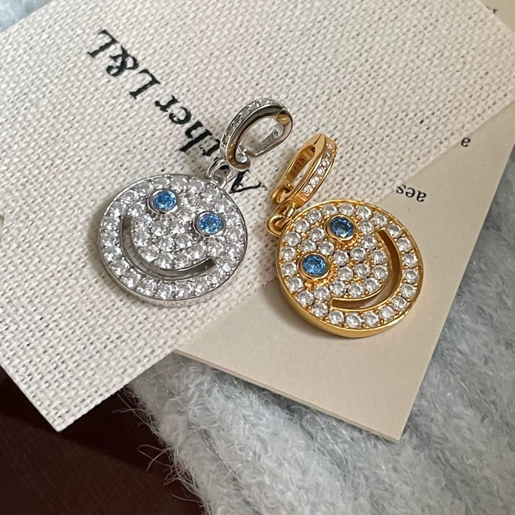 925 Sterling Silver Blue Smiley-Face Zirconia Round  Elegant and Sweet Necklace Pendant