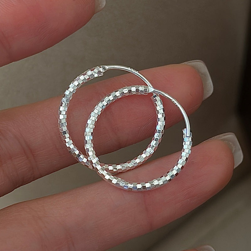 Geometric Textured  Sparkling Diamond Cut Circle Design  925 Sterling Silver  Hoop Earrings