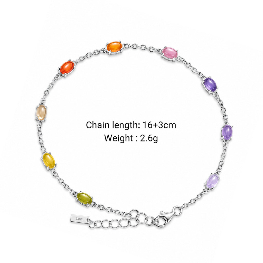 Delicate Multicolor Oval Cabochon CZ Delicate S925 Sterling Silver Chain Link Bracelet