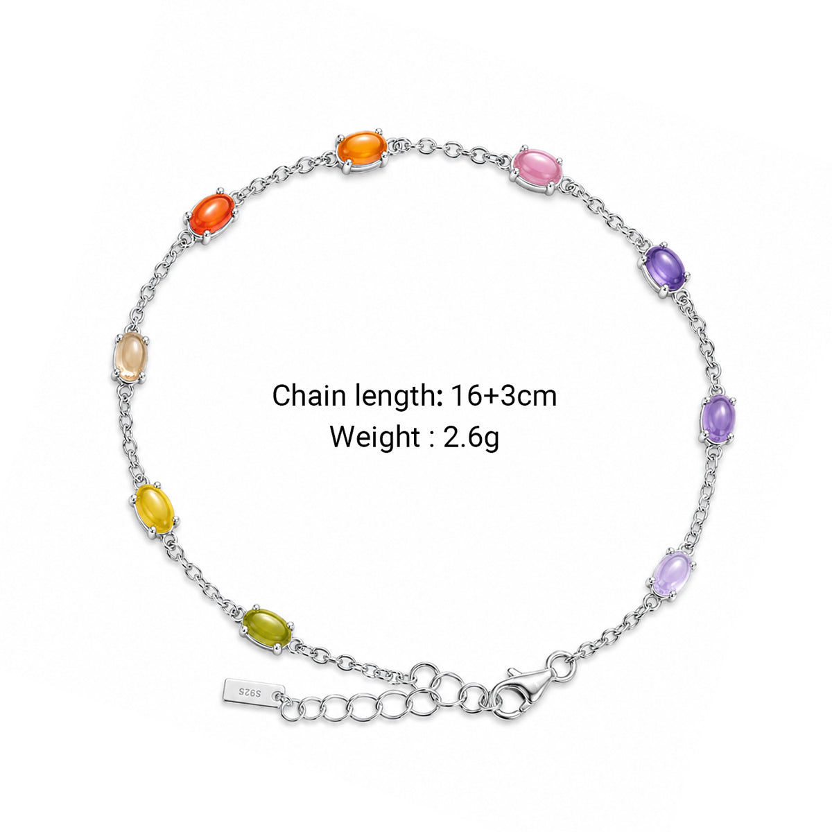 Delicate Multicolor Oval Cabochon CZ Delicate S925 Sterling Silver Chain Link Bracelet