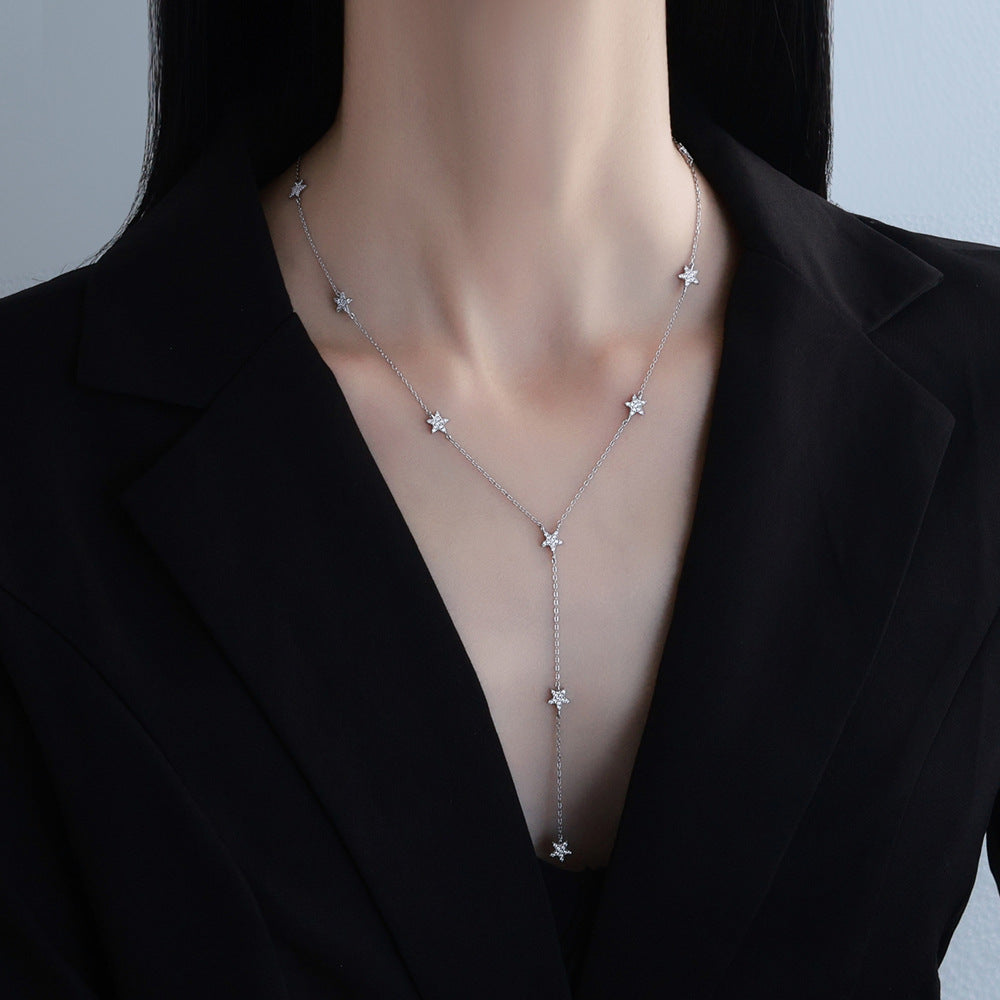 Star Tassel Lariat Necklace White Gold Color S925 Sterling Silver Long Y Necklace