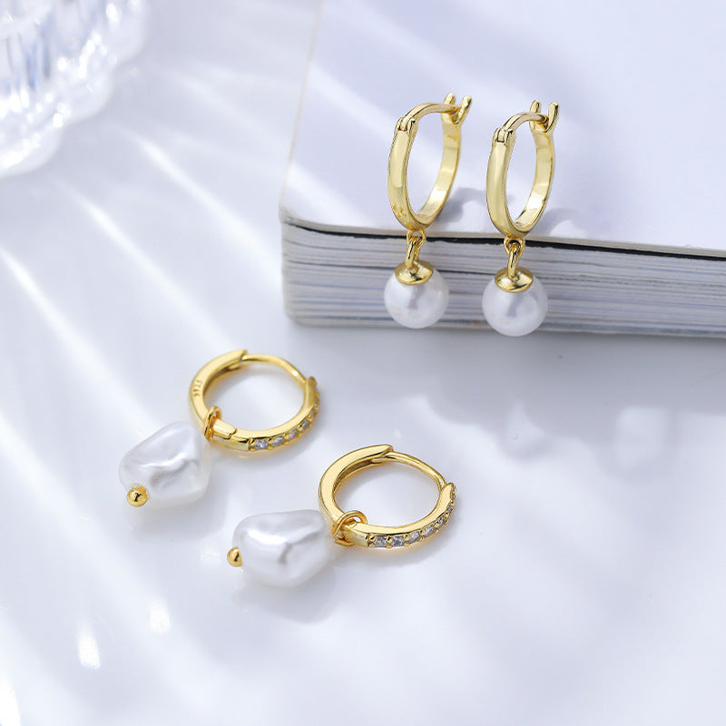Elegant Fashion Women Light Luxury Style S925 Sterling Silver Pearls Hoop Earrings