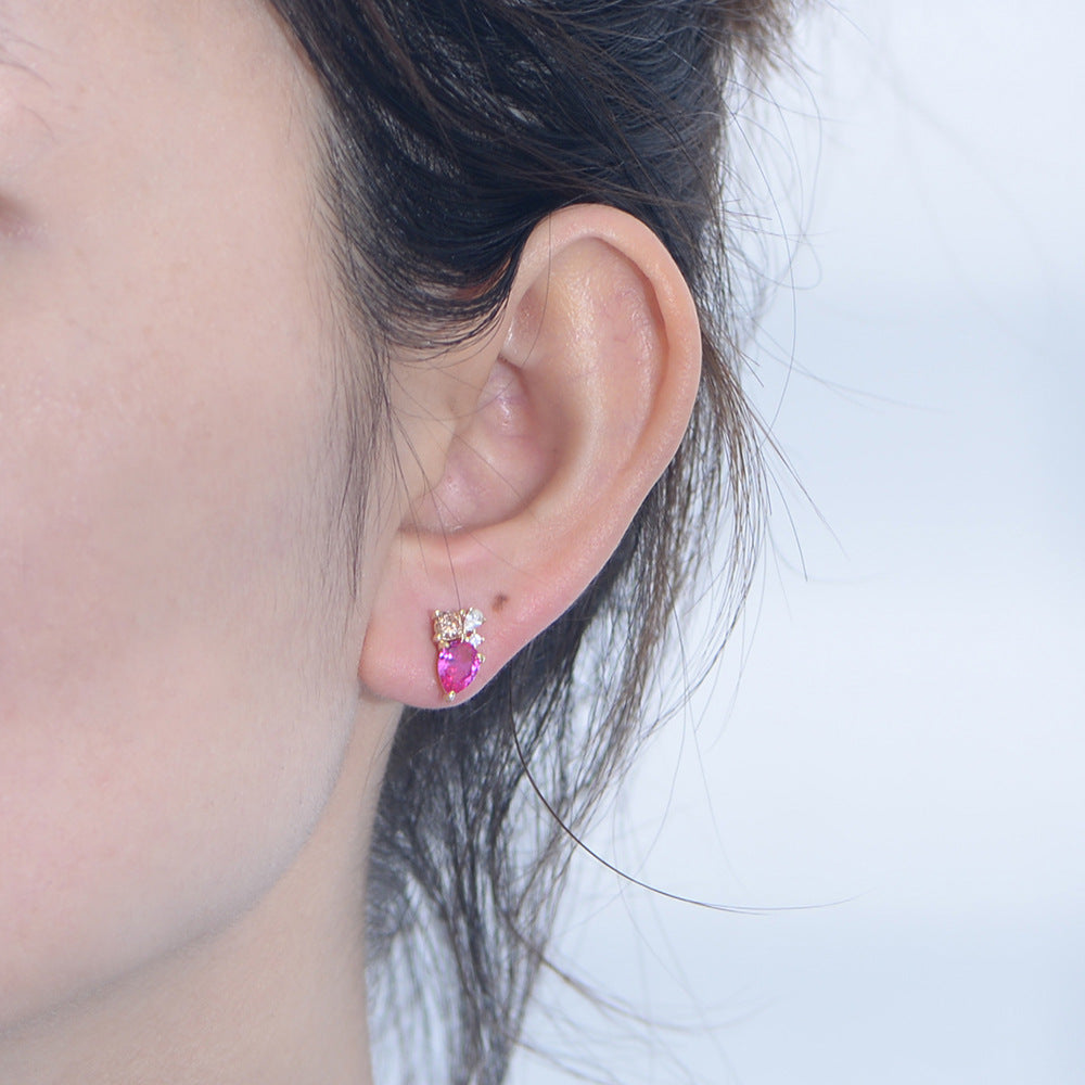 Women Pink Watedrop CZ 925 Sterling Silver Stud Earrings