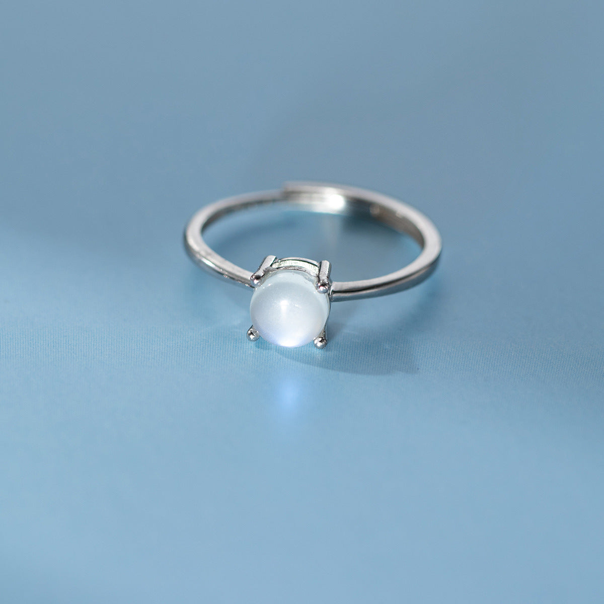 Round Moonstone Natural Stone Four Prong S925 Sterling Silver Adjustable Open Ring