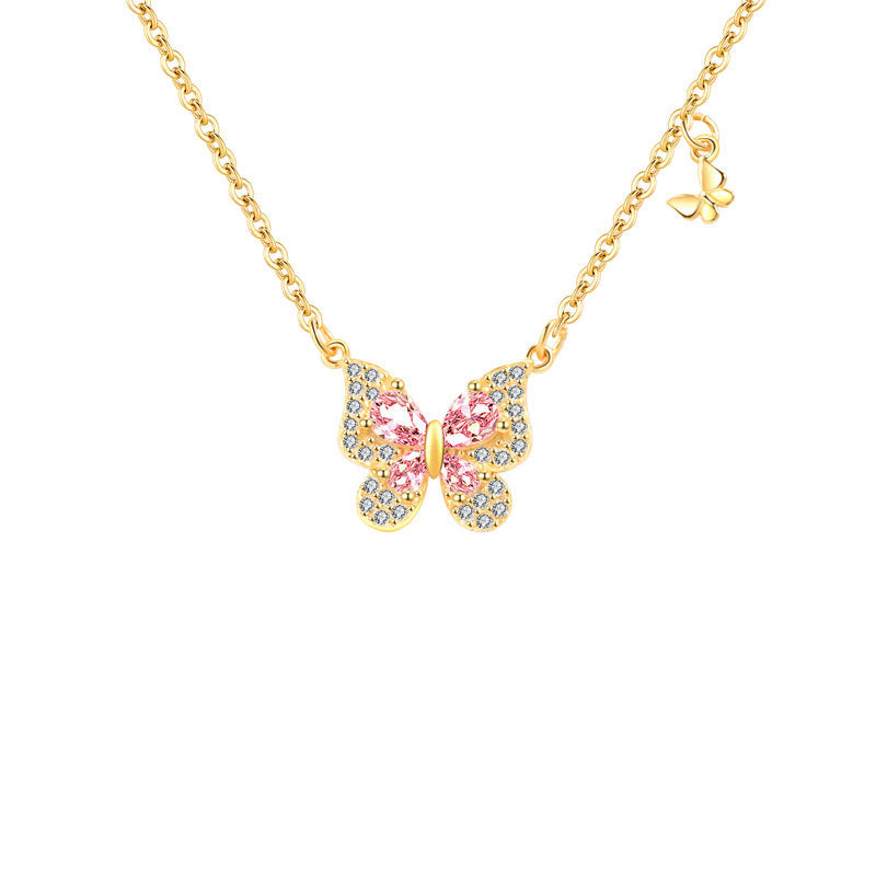 Butterfly Design Elegant Pink Cubic Zirconia 925 Sterling Silver Pendant Necklace