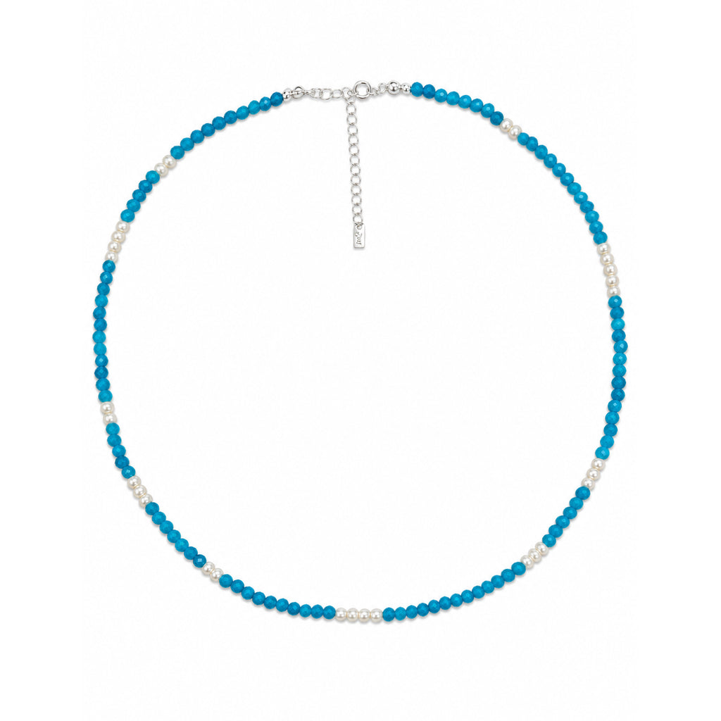 Ocean Style Vibrant Blue Chalcedony Small Pearl Beaded Strand Fashion Jewellery Gift 925 Sterling Silver Necklace