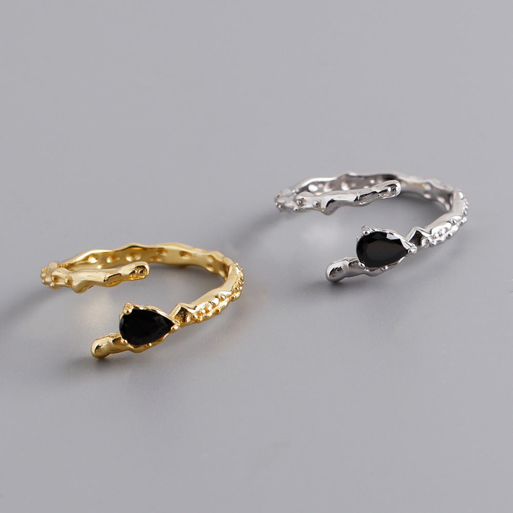 Black Teardrop Shaped Cubic Zirconia  Irregular Textured Wave Design  925 Sterling Silver Ring