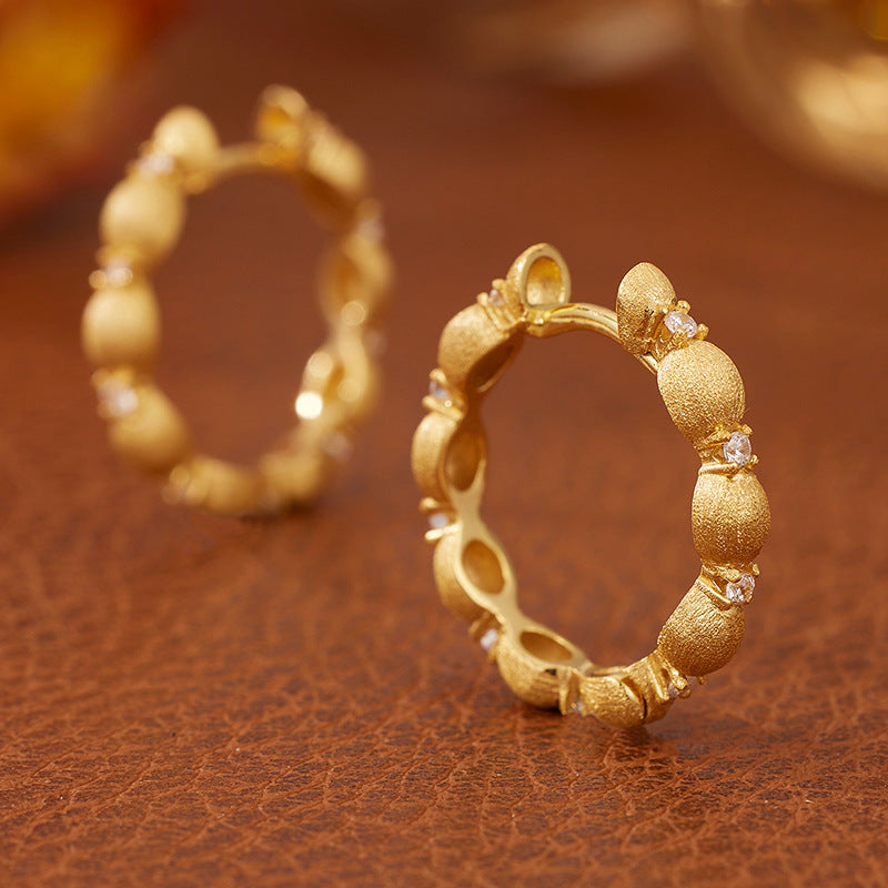 Geometric Hoop Cubic Zirconia Brushed Oval Bead 18K Gold Plated 925 Sterling Silver Earrings
