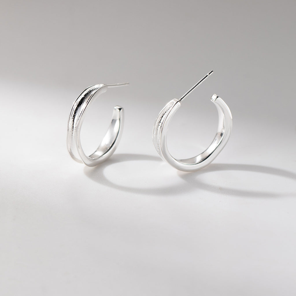 Silver Concave Geometric C S925 Sterling Silver Shape Hoop Earrings