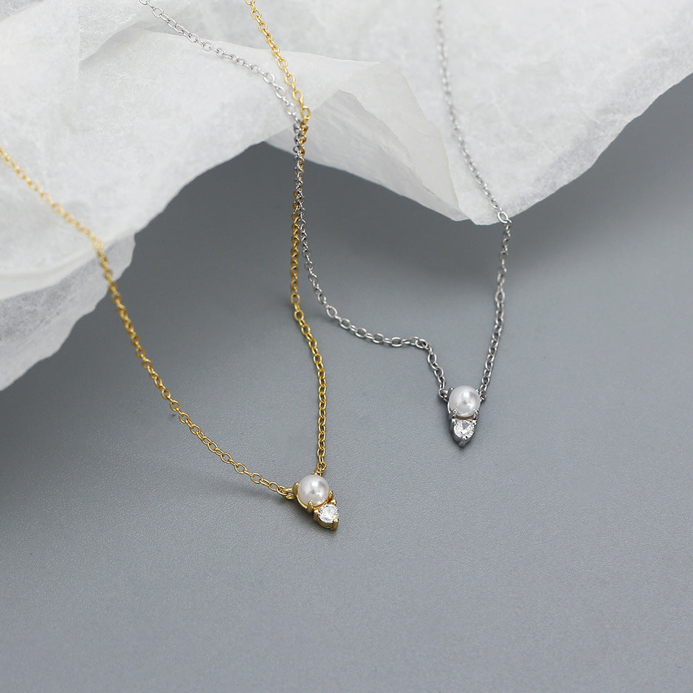 Mini Pearl And Clear Cubic Zirconia Pendant Necklace 925 Sterling Silver Delicate Clavicle Chain Adjustable Necklace For Women Minimalist Elegant Fashion Daily Wear Anniversary Gift Jewelry