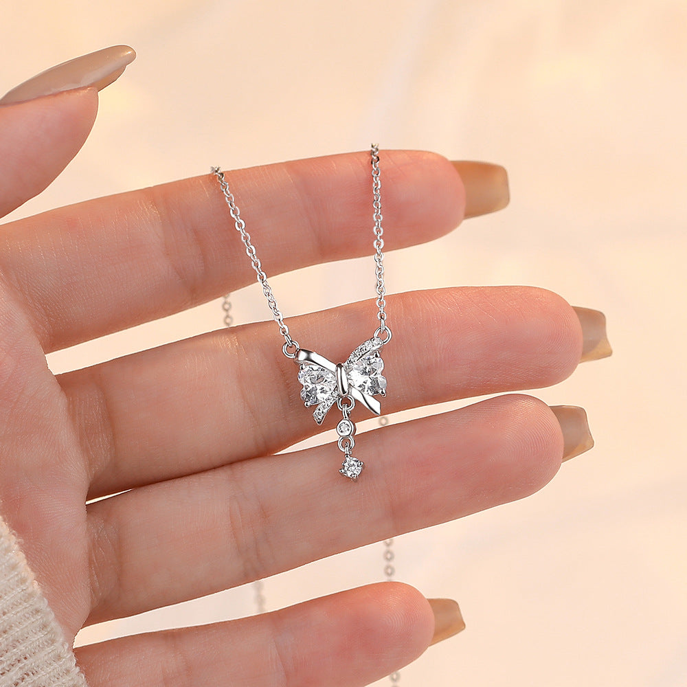 Girl Sweet Shining CZ Bow-Knot 925 Sterling Silver Necklace