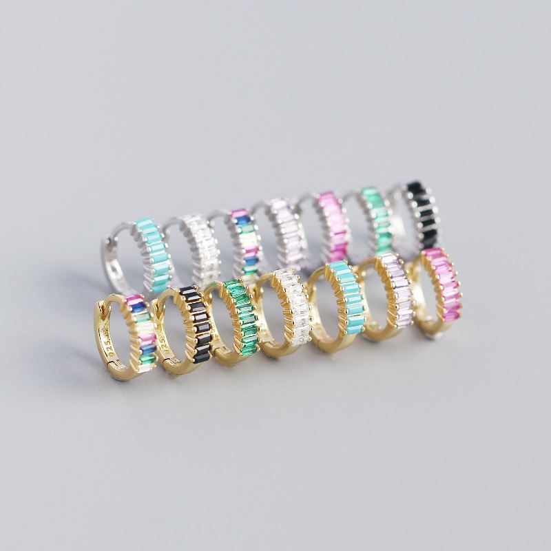 Geometry Rectangle CZ Circle 925 Sterling Silver Hoop Earrings