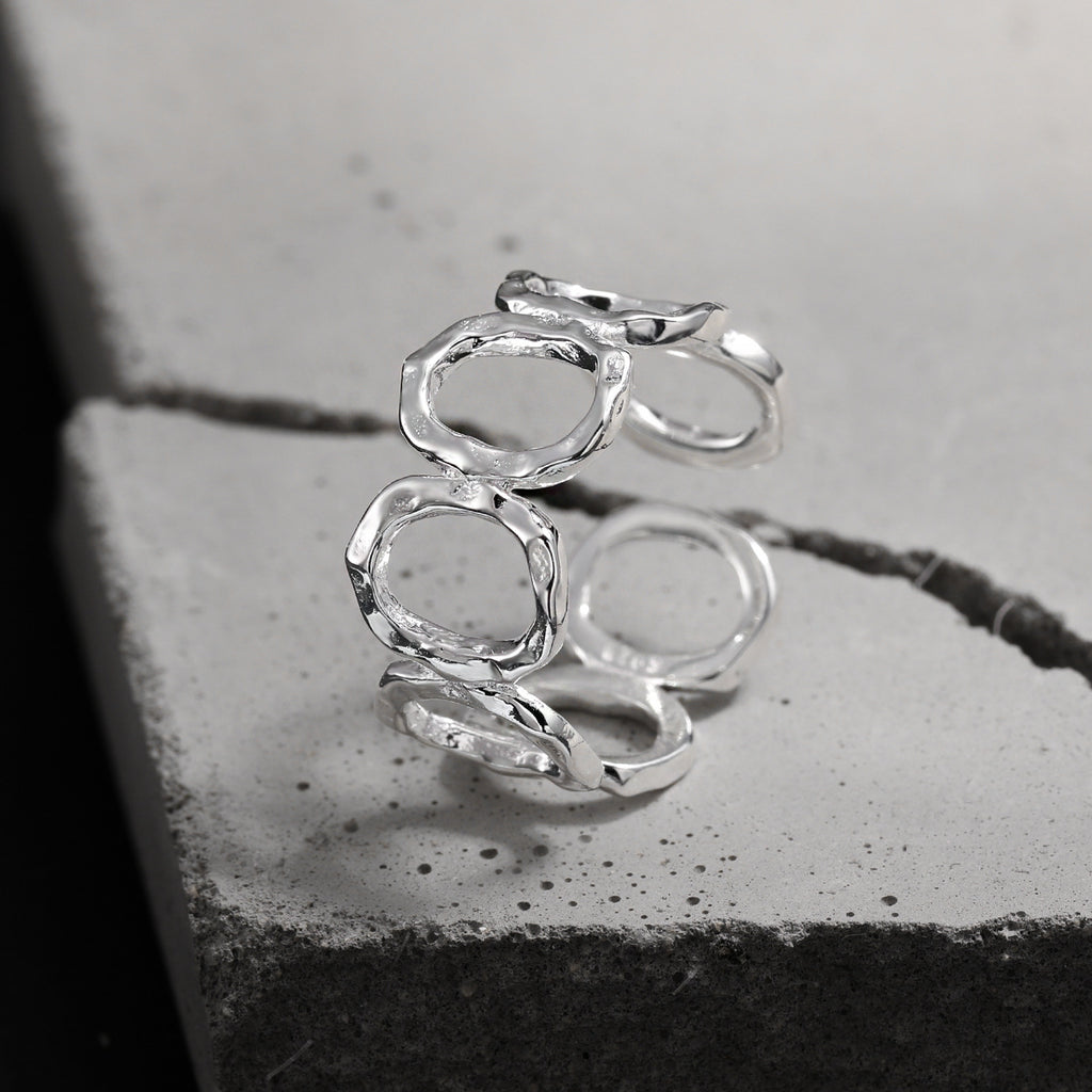 Modern Fashion Jewelry Geometric Round Hollow 925 Sterling Silver Adjustable Ring