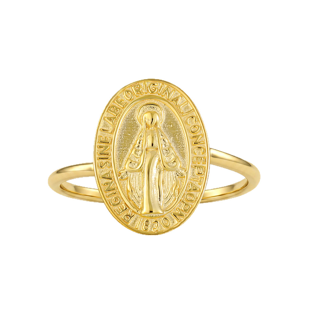 Religious Madonna Portrait Oval Medallion 925 Sterling Silver Vintage Open Band Adjustable Ring