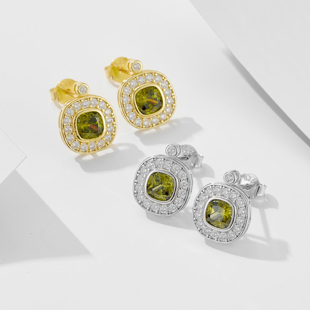 Elegant Geometric Oval Design  925 Sterling Silver Olive Green Cubic Zirconia Stud Earrings
