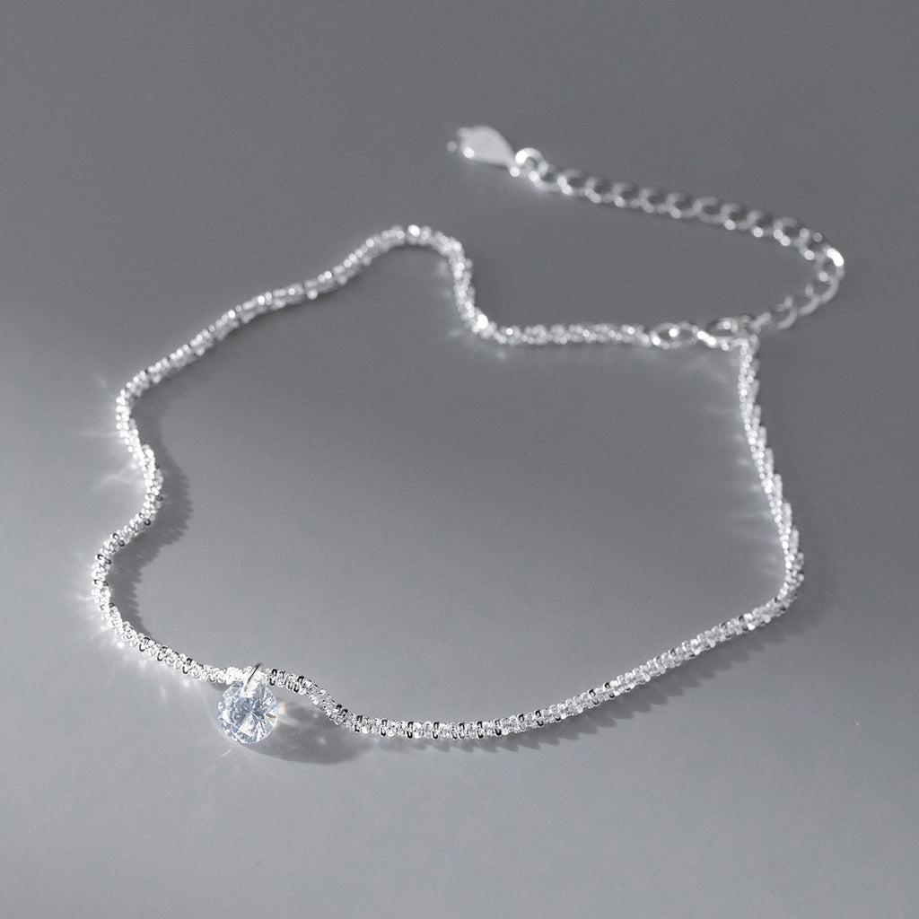 Single Round Clear Cubic Zirconia S925 Sterling Silver Anklet Minimalist Delicate Sparkle Chain Anklet