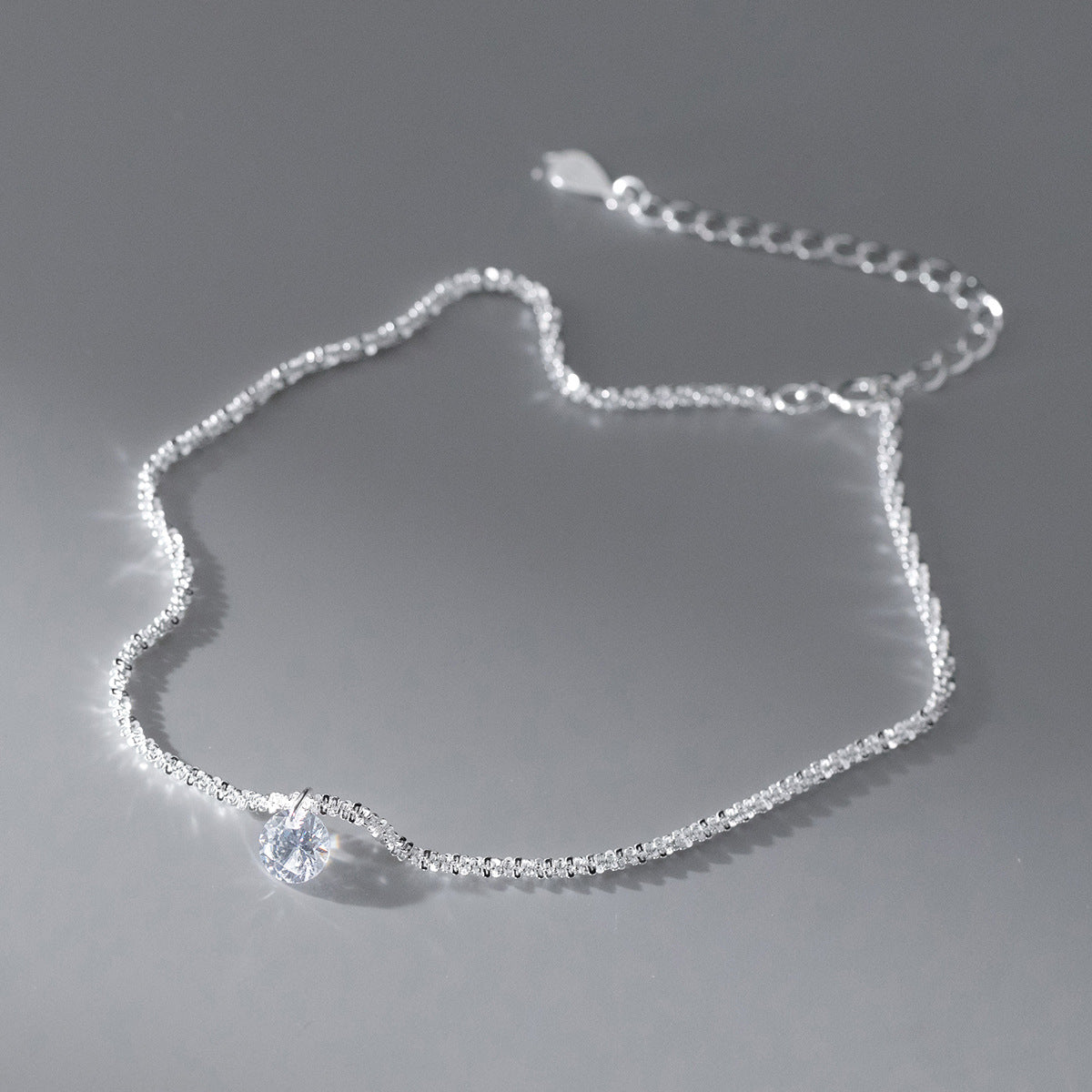 Single Round Clear Cubic Zirconia S925 Sterling Silver Anklet Minimalist Delicate Sparkle Chain Anklet