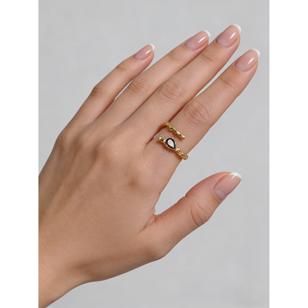 Black Teardrop Shaped Cubic Zirconia  Irregular Textured Wave Design  925 Sterling Silver Ring