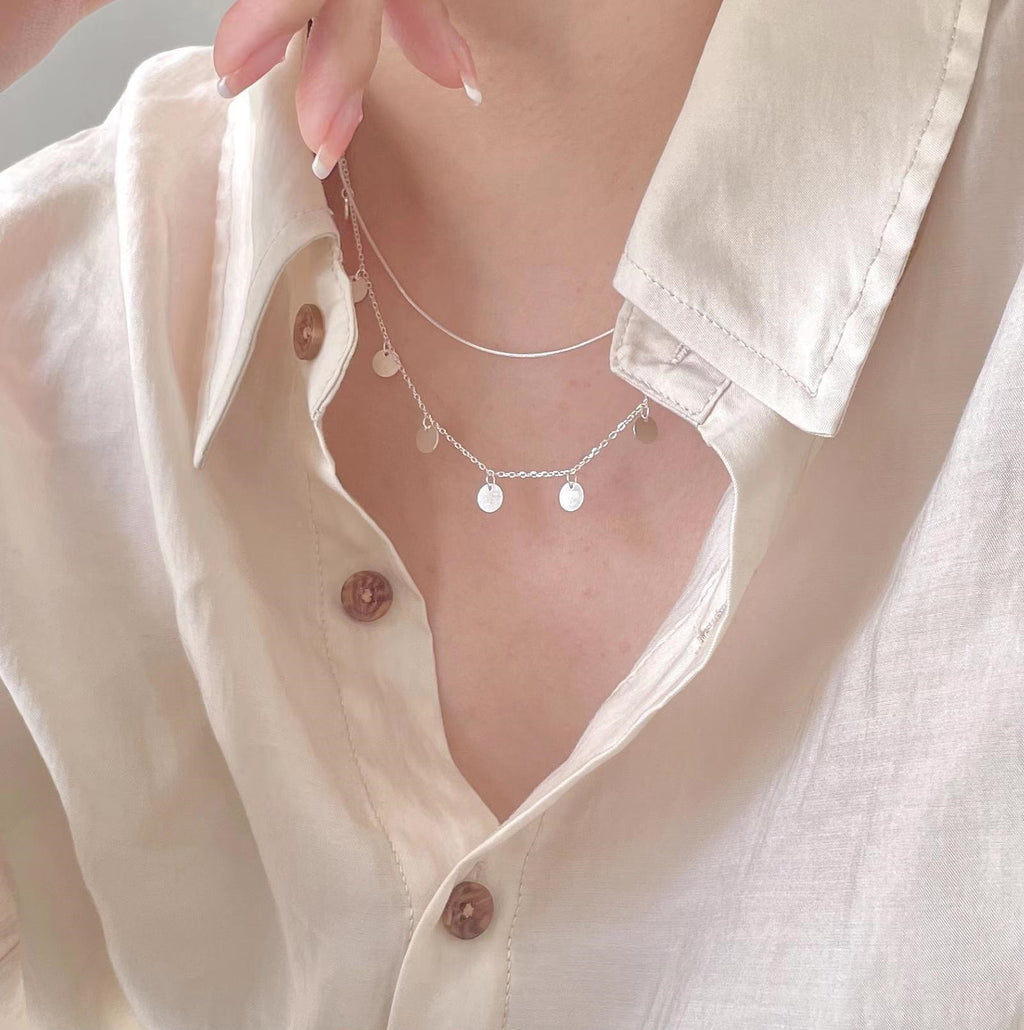 S925 sterling silver double-layer necklace, simple and niche chic sequin snake bone necklace