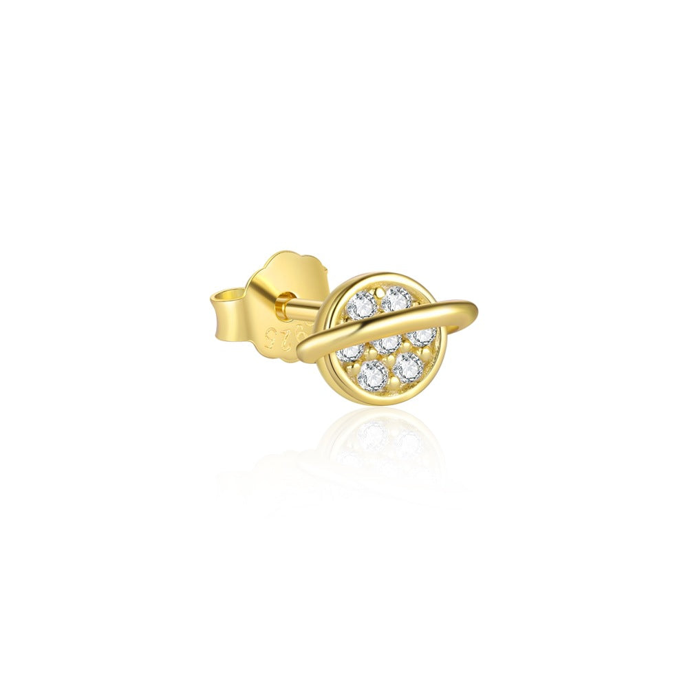 Cute Gold CZ Planet Star Sun Crescent Moon 925 Sterling Silver Stud Earring (Single)