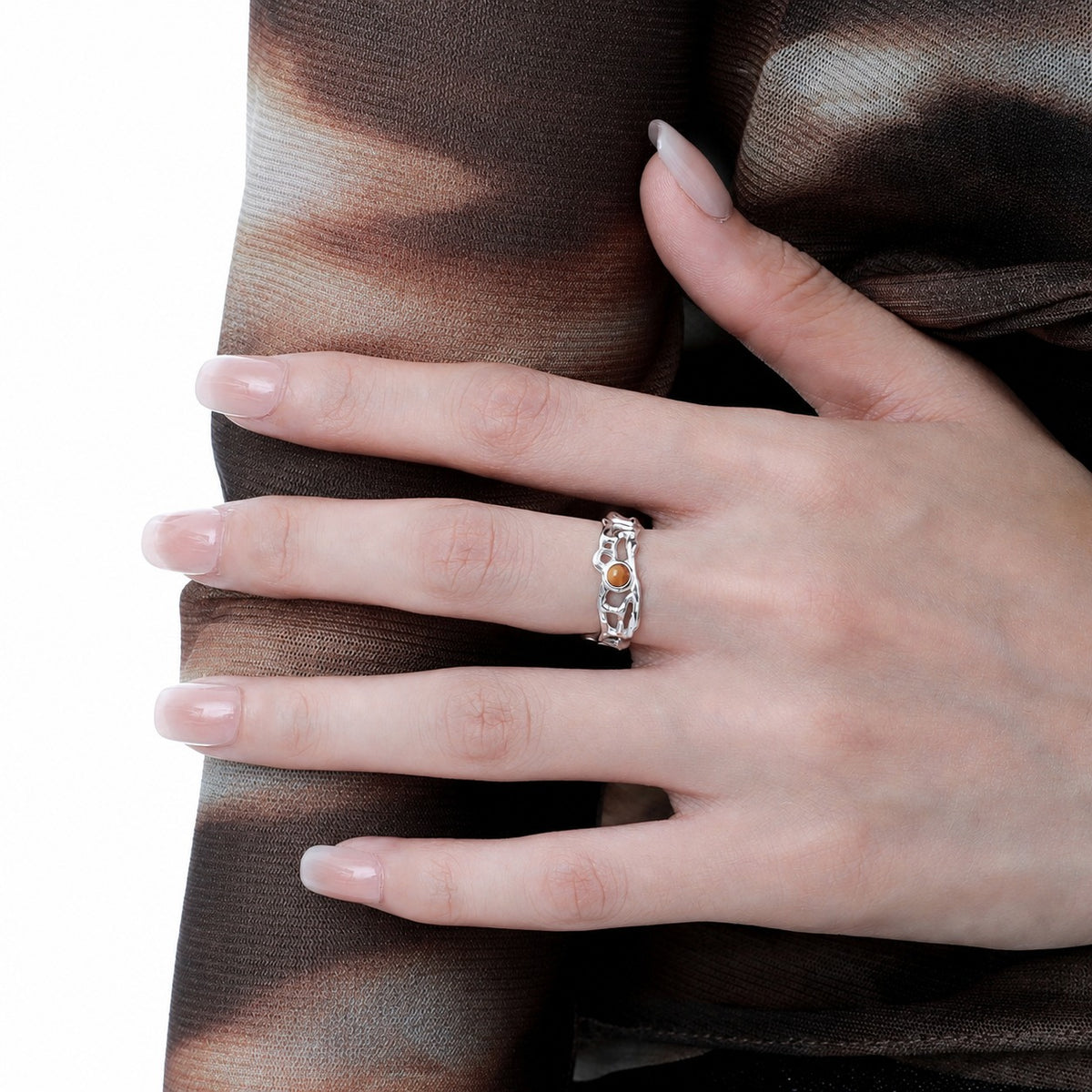 Modern Natural Tiger's Eye Irregular Openwork Pattern 925 Sterling Silver Adjustable Ring