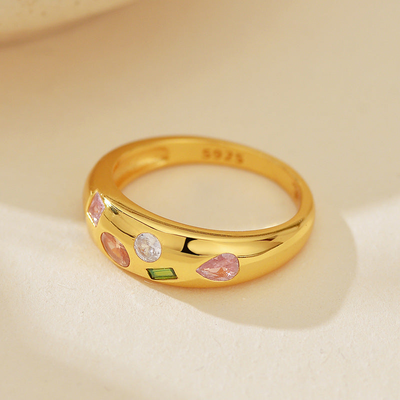 Modern Elegant Statement Jewelry Multicolor Geometric Cubic Zirconia 925 Sterling Silver Ring Yellow Gold  Band Ring