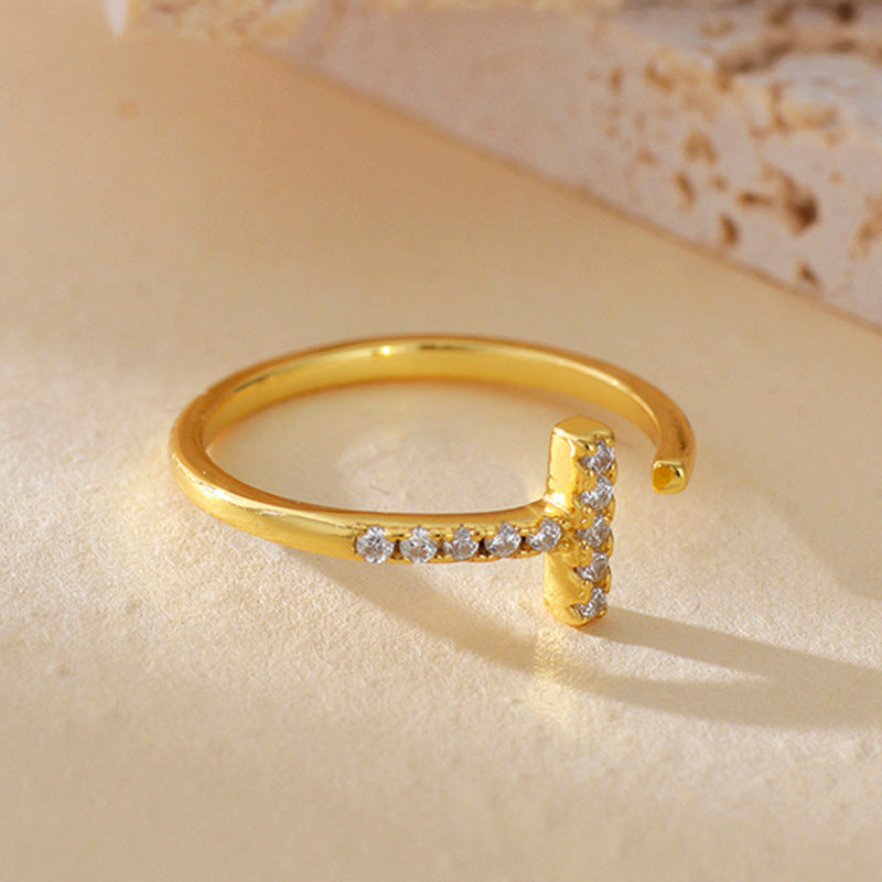 Geometric T Bar Cubic Zirconia Open Ring 925 Sterling Silver Minimalist Line Design Adjustable Ring