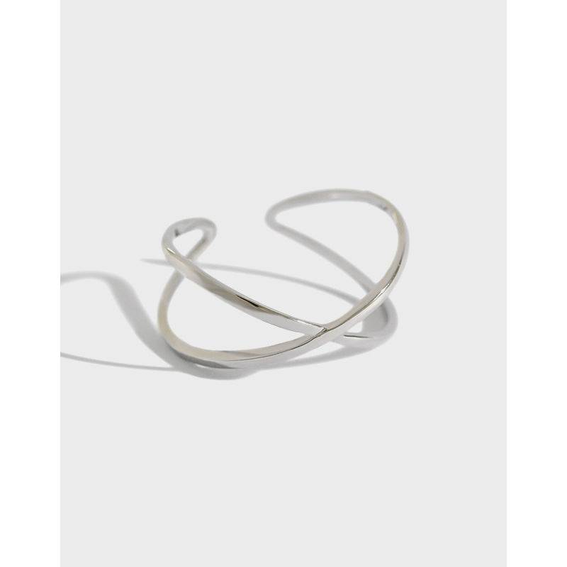 Modern Geometric X Shape Adjustable Pure Metal 925 Sterling Silver Open Band Minimalist Design Ring
