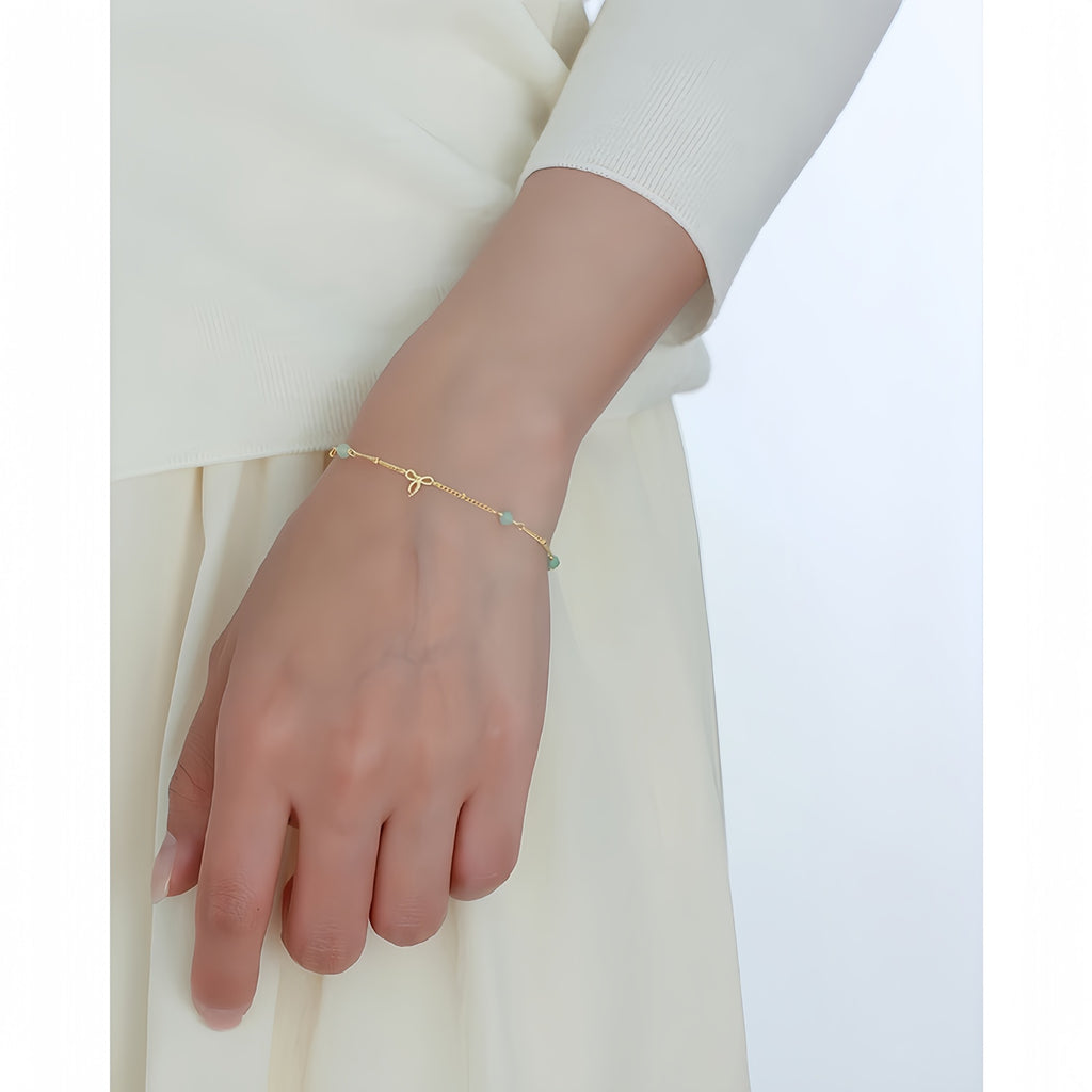 Bowknot Green Aventurine Natural Stone 925 Sterling Silver Chain Bracelet