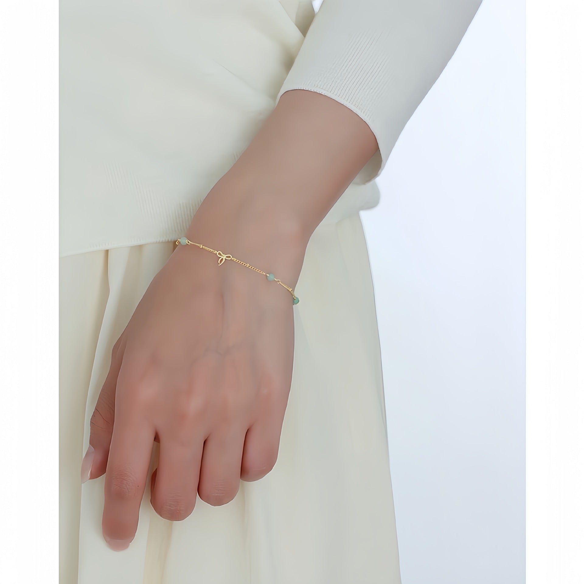 Bowknot Green Aventurine Natural Stone 925 Sterling Silver Chain Bracelet
