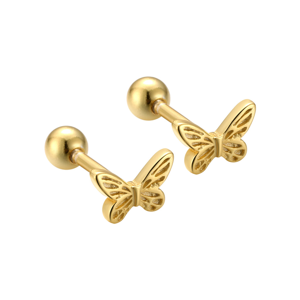 Girl Initial Tiny Butterfly 925 Sterling Silver Screw Stud Earrings