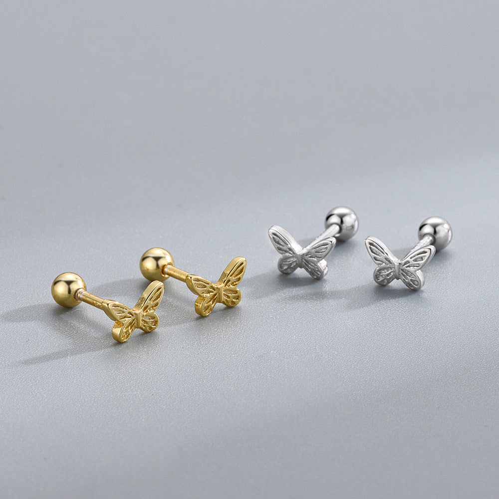 Girl Initial Tiny Butterfly 925 Sterling Silver Screw Stud Earrings