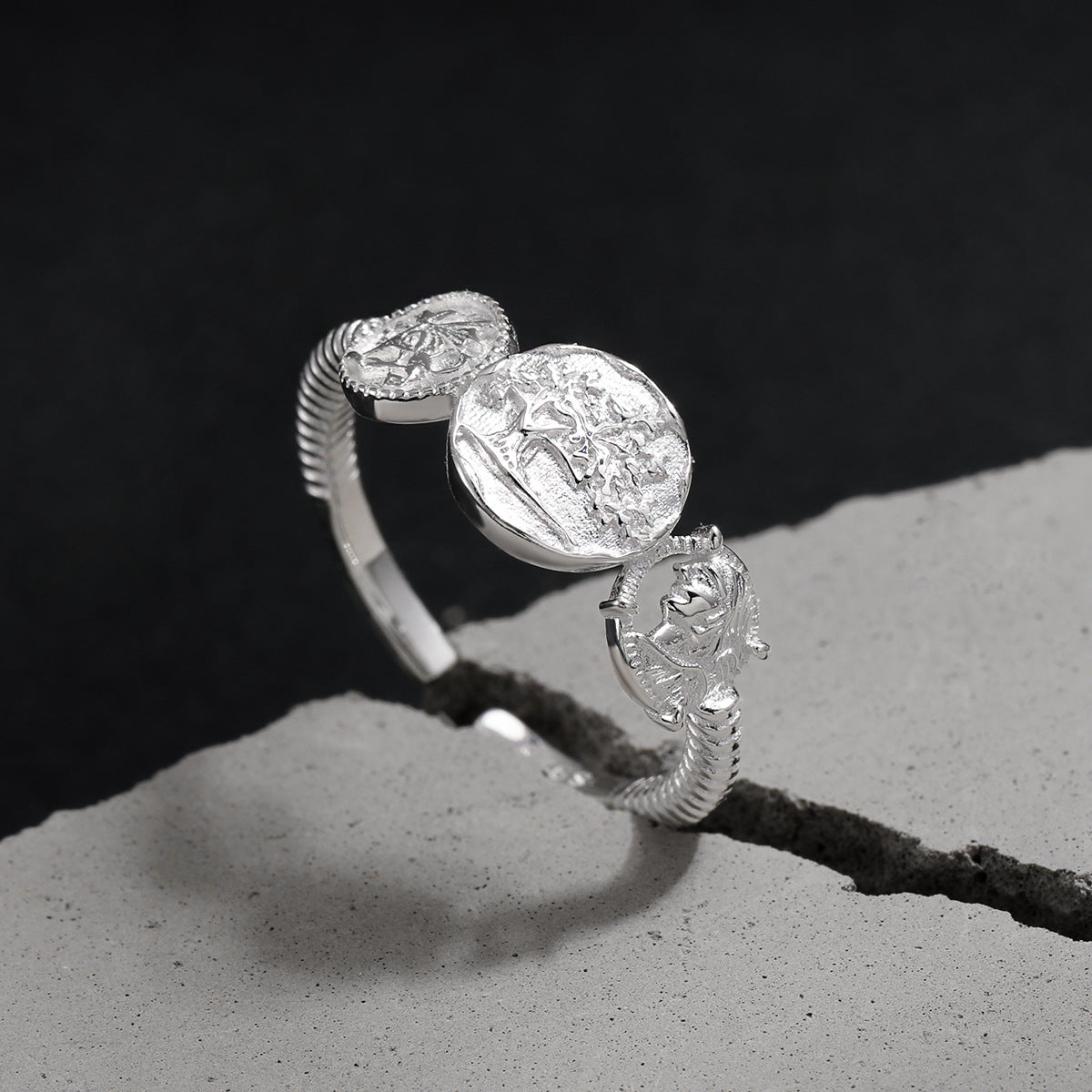 Vintage Ancient Coin Relief Portrait 925 Sterling Silver Adjustable Ring