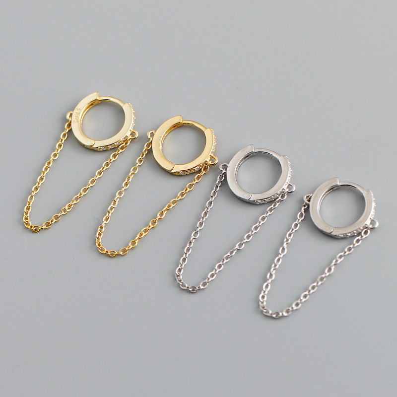 Geometric Circle Zirconia Chain Tassel Pendant 925 Sterling Silver Earrings