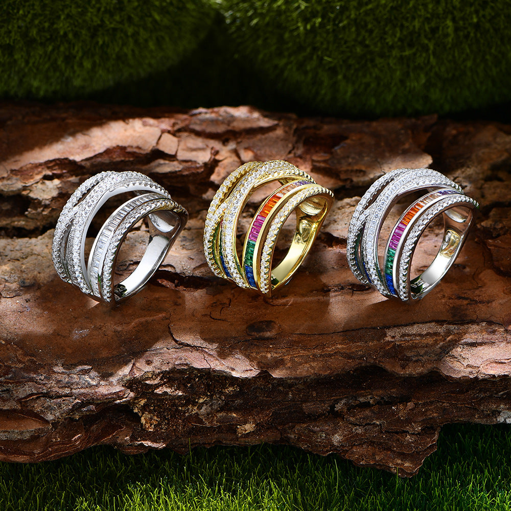 Colorful Rainbow Multi Layers CZ Cross 925 Sterling Silver Adjustable Ring