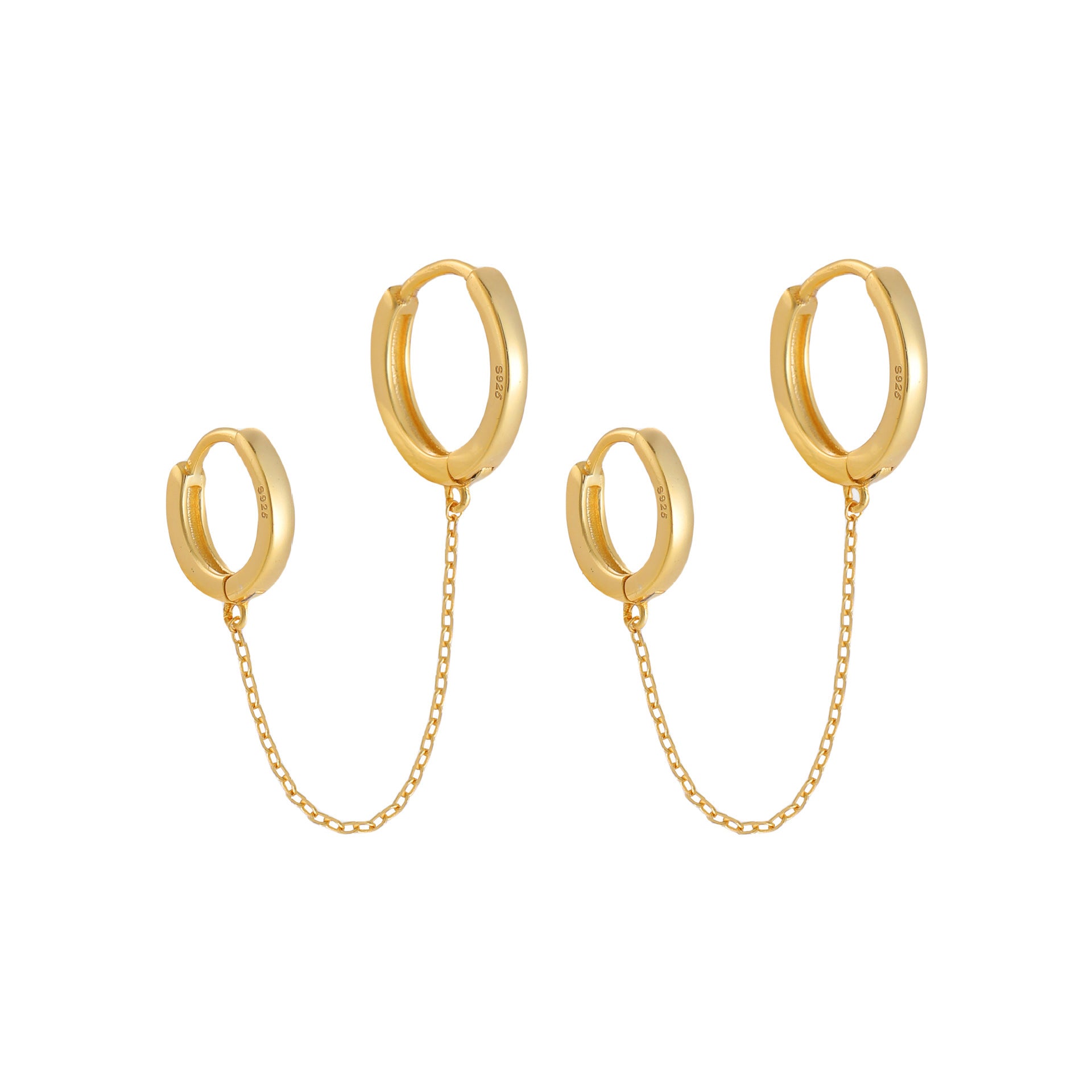 Elegant Double CZ Chain Holes 925 Sterling Silver Hoop Earrings